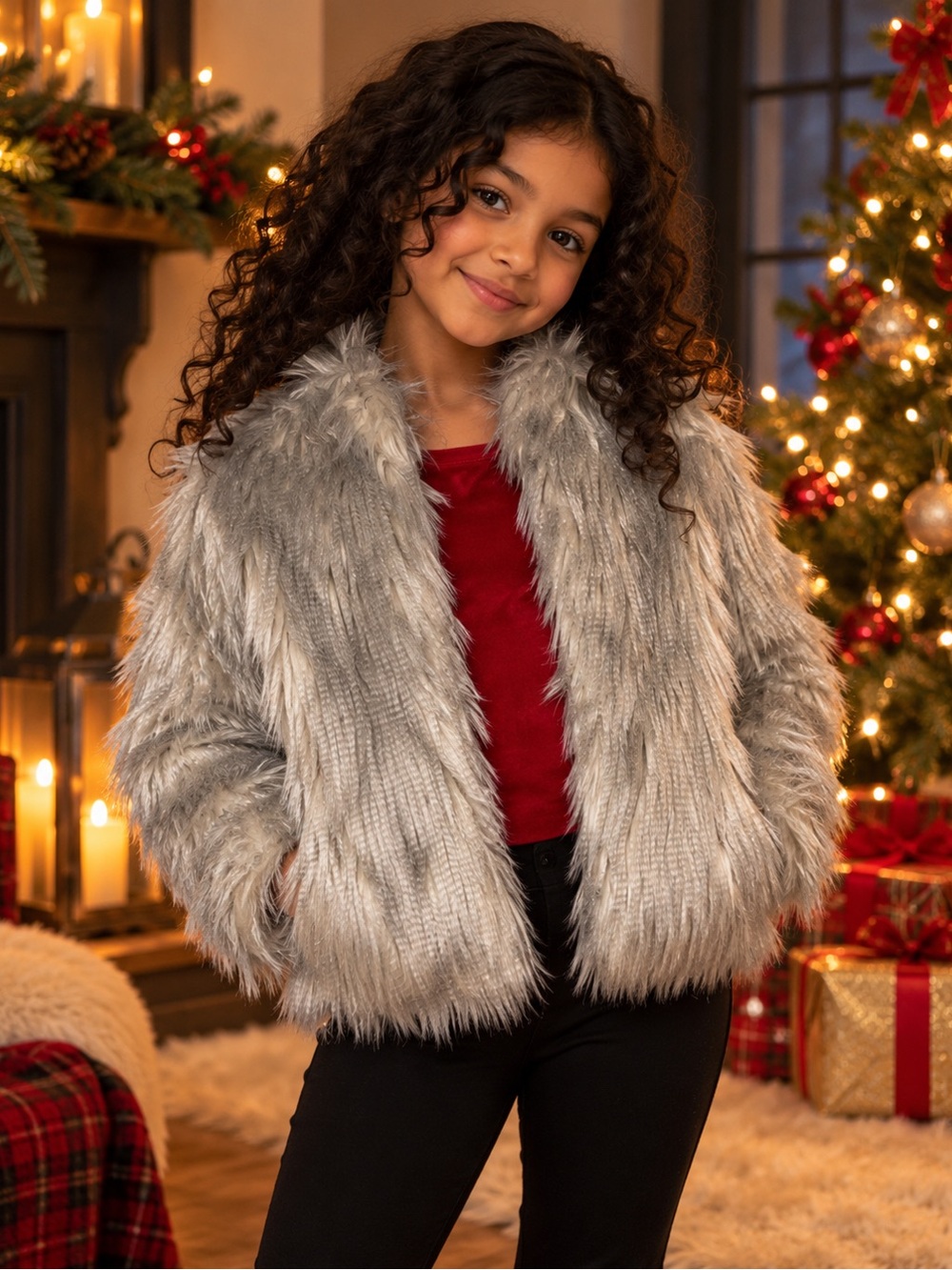 Abercrombie Kids Girls' Faux Fur Coat in Light Gray - Cozy Holiday Jacket